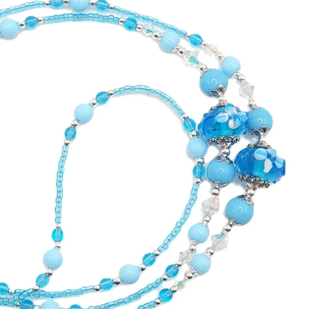 Turquoise Blue Flowers, Beaded Lanyard for Women, Badge, ID Holder, Keychain - Picture 1 of 5